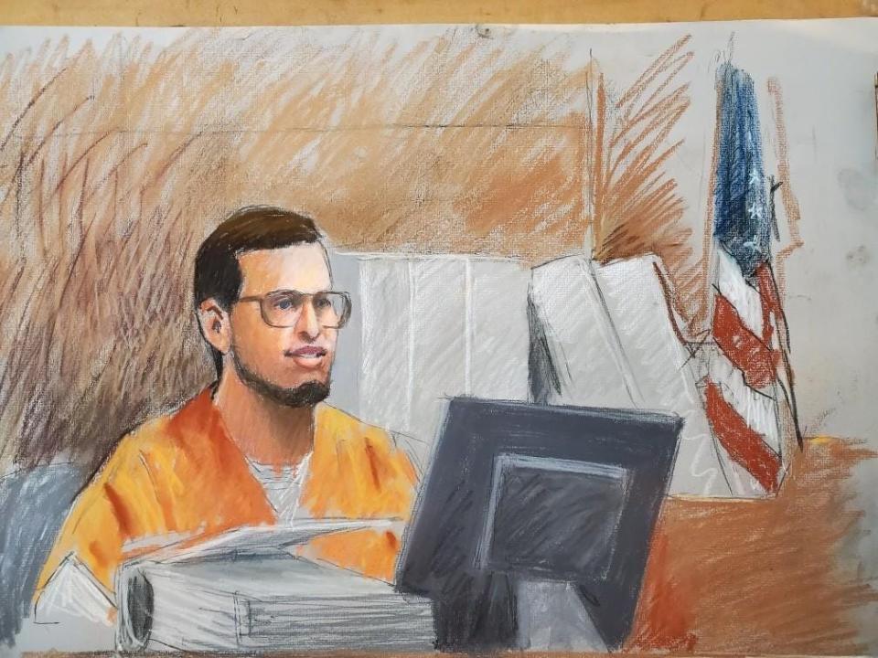 In this artist's rendering, Ty Garbin, 26, of Hartland, testifies on March 24, 2022, in U.S. District Court in the first trial of defendants charged with plotting to kidnap Gov. Gretchen Whitmer.
(Photo: Jerry Lemenu, sketch artist)