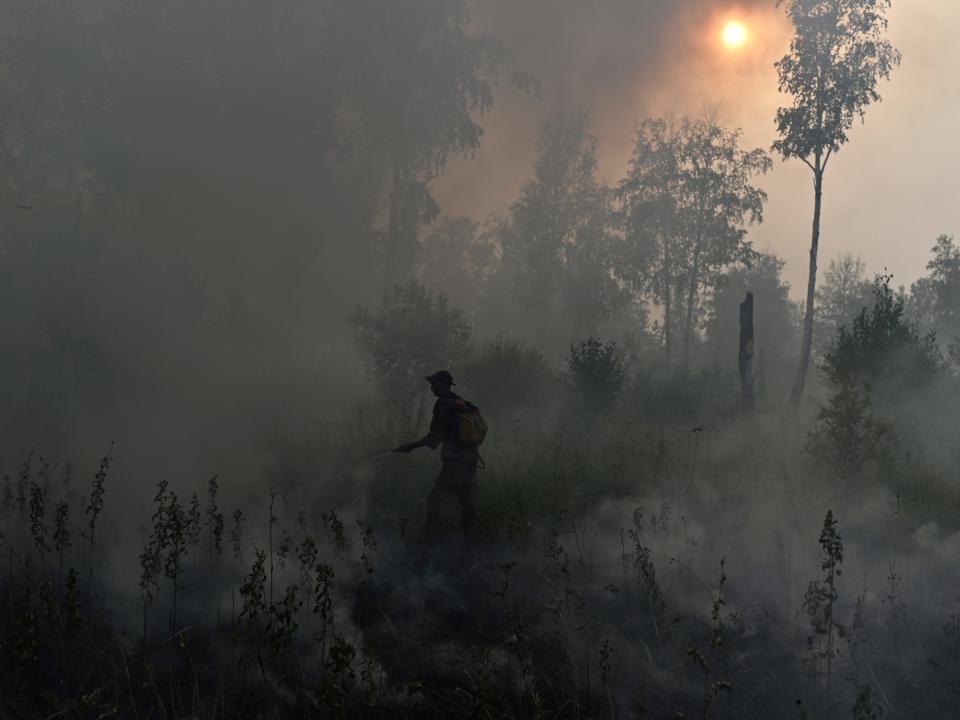 firefighter in smoke filled forest in siberia