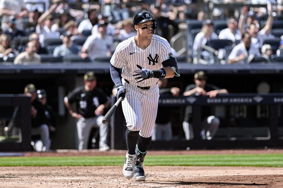 May 19, 2024; Bronx, New York, USA; New York Yankees outfielder Aaron Judge (99) hits a two run home run against the Chicago White Sox during the fifth inning at Yankee Stadium. Mandatory Credit: John Jones-USA TODAY Sports
