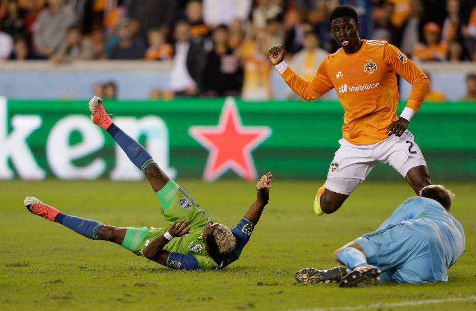 Houston Dynamo defender Jalil Anibaba was sent off for pulling down Seattle Sounders winger Joevin Jones in the penalty area. (Getty)