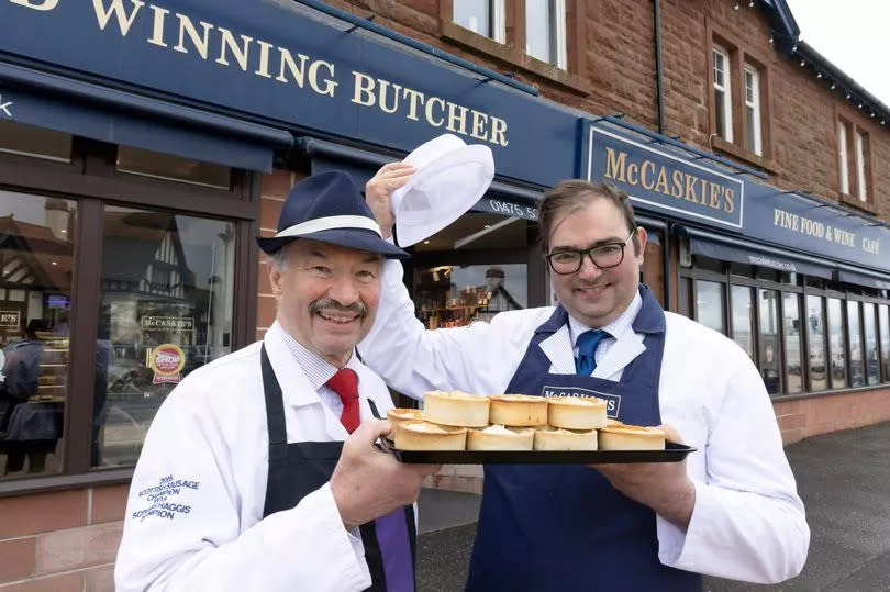FREE TO USE PHOTOGRAPH.....12.04.24
Five times World Scotch Pie Championship winner's recipe changes hands...Pictured butcher Nigel Ovens (left) owner of McCaskies in Wemyss Bay who has bought the recipes, brand and intelectual property of World Scotch Pie Champion  Alan Pirie of James Pirie & Son Newtyle, Angus.
See press release from Maureen Young on 07778 779888
Picture by Graeme Hart.
Copyright Perthshire Picture Agency
Tel: 07990 594431