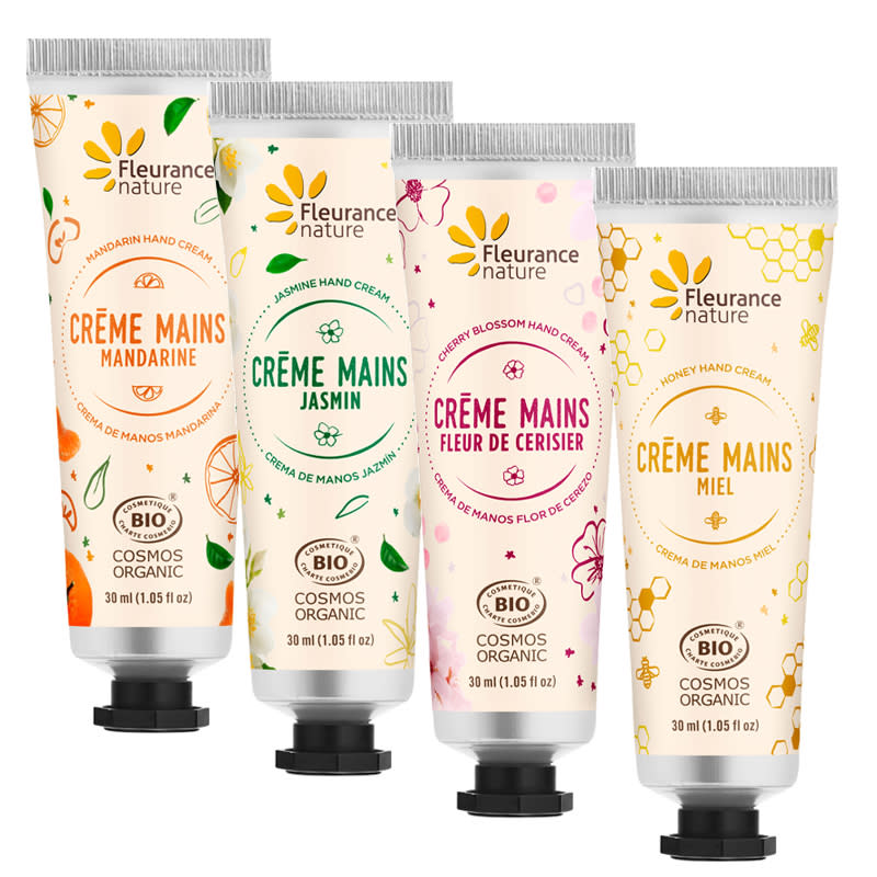 <p>Miel, Mandarine, Jasmin, Fleur de Cerisier, on fond pour les 4 nouvelles senteurs des crèmes pour les mains Fleurance Nature certifiées Cosmos Organic ! Leur composition ultra clean renferme de l’aloe vera et du beurre de karité pour hydrater la peau sans la graisser. On aime leur petit format pratique à emporter avec soi et qui permet d’en appliquer à chaque fois qu’on se lave les mains.</p> <p><strong>Crèmes Mains, Fleurance Nature, 4.90 € les 30 ml</strong><br> En vente en boutique Fleurance Nature à Paris (75015) et sur <a href="https://www.fleurancenature.fr/beaute/soins-corps/mains-et-pieds.html" rel="nofollow noopener" target="_blank" data-ylk="slk:fleurancenature.fr;elm:context_link;itc:0;sec:content-canvas" class="link ">fleurancenature.fr</a></p> <br><a href="https://www.femina.fr/diaporama/des-cremes-mains-bio-efficaces#xtor=AL-34" rel="nofollow noopener" target="_blank" data-ylk="slk:Voir la suite des photos sur Femina.fr;elm:context_link;itc:0;sec:content-canvas" class="link ">Voir la suite des photos sur Femina.fr</a><br><h3>A lire aussi</h3><ul><li><a href="https://www.femina.fr/diaporama/cheveux-celles-qui-n-aiment-pas-se-coiffer-adoreront-cette-coiffure-facile-a-faire-en-quelques-secondes#xtor=AL-34" rel="nofollow noopener" target="_blank" data-ylk="slk:Cheveux : celles qui n'aiment pas se coiffer adoreront cette coiffure facile à faire en quelques secondes;elm:context_link;itc:0;sec:content-canvas" class="link ">Cheveux : celles qui n'aiment pas se coiffer adoreront cette coiffure facile à faire en quelques secondes</a></li><li><a href="https://www.femina.fr/diaporama/tuto-coiffure-comment-realiser-une-queue-de-cheval-effet-plage#xtor=AL-34" rel="nofollow noopener" target="_blank" data-ylk="slk:Tuto coiffure : comment réaliser une queue-de-cheval effet plage;elm:context_link;itc:0;sec:content-canvas" class="link ">Tuto coiffure : comment réaliser une queue-de-cheval effet plage</a></li><li><a href="https://www.femina.fr/diaporama/cheveux-courts-les-coupes-tendance-du-printemps-ete-2020#xtor=AL-34" rel="nofollow noopener" target="_blank" data-ylk="slk:Cheveux courts : les 25 coupes tendance du printemps-été 2020;elm:context_link;itc:0;sec:content-canvas" class="link ">Cheveux courts : les 25 coupes tendance du printemps-été 2020</a></li><li><a href="https://www.femina.fr/diaporama/katie-holmes-affiche-fierement-ses-premiers-cheveux-blancs#xtor=AL-34" rel="nofollow noopener" target="_blank" data-ylk="slk:Katie Holmes affiche fièrement ses premiers cheveux blancs;elm:context_link;itc:0;sec:content-canvas" class="link ">Katie Holmes affiche fièrement ses premiers cheveux blancs</a></li><li><a href="https://www.femina.fr/diaporama/tuto-coiffure-comment-faire-un-brushing-wavy#xtor=AL-34" rel="nofollow noopener" target="_blank" data-ylk="slk:Tuto coiffure : comment faire un brushing wavy;elm:context_link;itc:0;sec:content-canvas" class="link ">Tuto coiffure : comment faire un brushing wavy</a></li></ul>