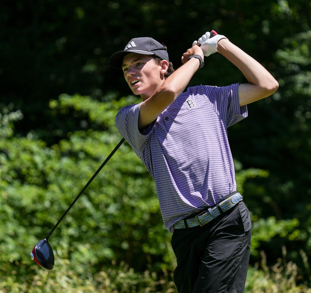 Bloomington South’s Happy Gilmore drives the ball down the range Tuesday, June 11, 2024, during the IHSAA boys golf state final at Prairie View Golf Club in Carmel, Ind.