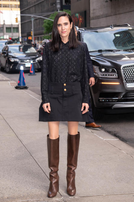 Jennifer Connelly Upgrades Polka Dot Shirt Dress With Block Heel Boots for  'Good Morning America