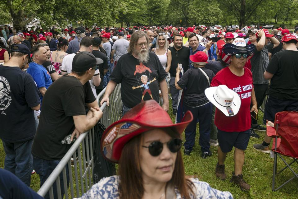 Supporters of the Republican presidential candidate former President Donald Trump gather for a campaign rally in the Bronx borough of New York, Thursday, May. 23, 2024. (AP Photo/Yuki Iwamura)