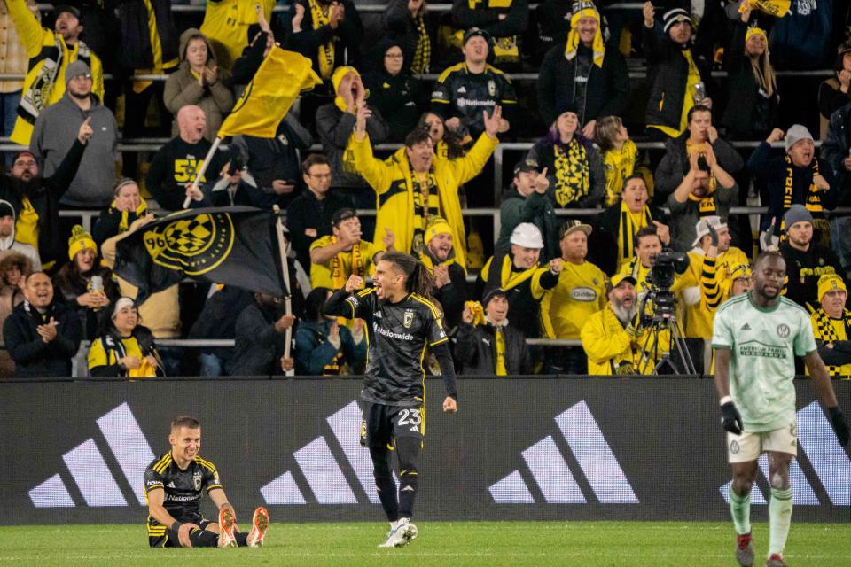 Nov 12, 2023; Columbus, Ohio, USA;
Columbus Crew defender Mohamed Farsi (23) hypes up the crowd during their game against the Atlanta United in game three of their series on Sunday, Nov. 12, 2023 at Lower.com Field.