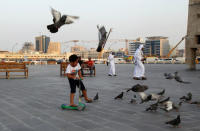 Pigeons are seen as a boy plays at Souq Waqif market in Doha, Qatar August 30, 2016. REUTERS/Naseem Zeitoon