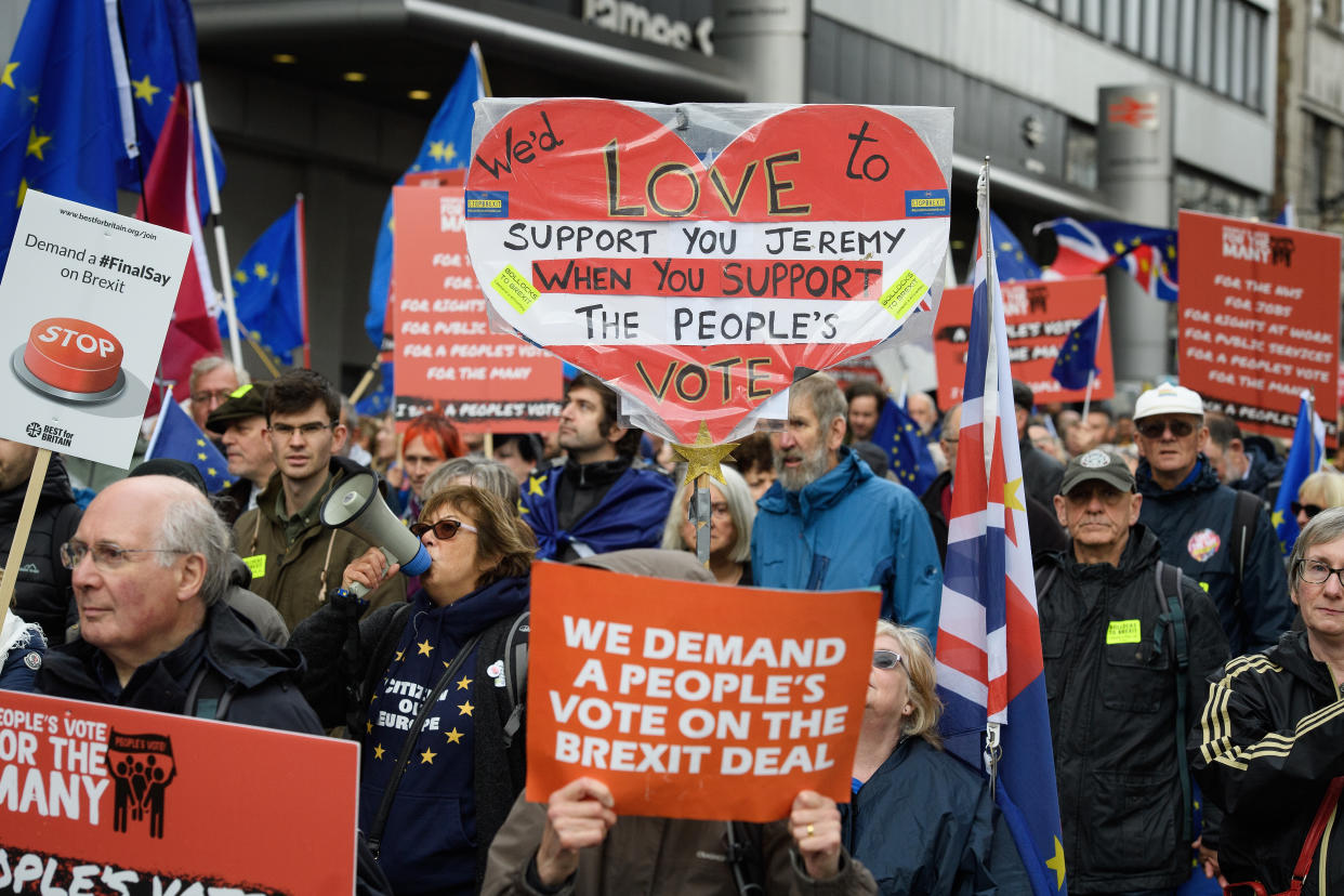 Demonstrators take part in the a march calling for a vote on the final outcome of the government’s Brexit negotiations. (Leon Neal/Getty Images)