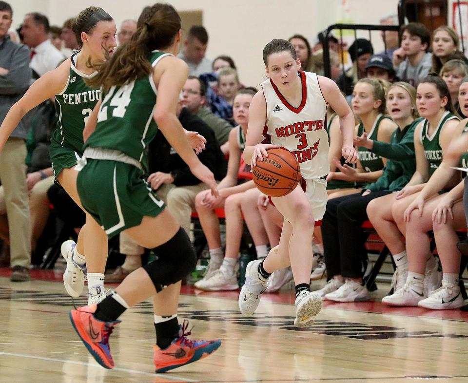 Orlagh Gormley breaks toward the basket from half court.The North Quincy High girls basketball team beat Pentucket in MIAA tournament action on Wednesday March 9, 2022  