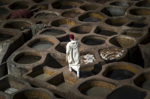 Tourists, their noses covered with mint leaves to ward off the stench, congregate on terraces overlooking the tanneries to snap pictures of the men working below, using the same methods as their ancestors did