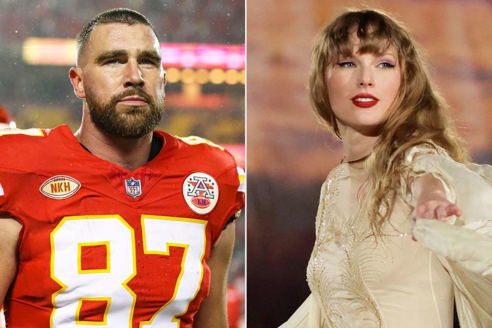 <p>Perry Knotts/Getty; Ashok Kumar/TAS24/Getty Images for TAS Rights Management</p> Travis Kelce and Taylor Swift