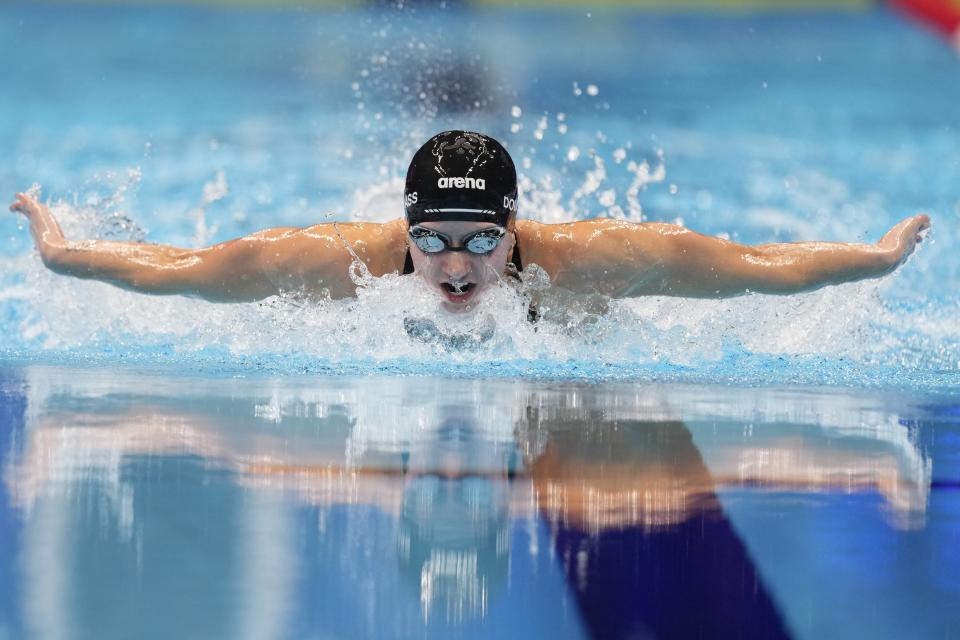 Kate Douglass swims during the Women's 200 individual medley finals Saturday, June 22, 2024, at the US Swimming Olympic Trials in Indianapolis. (AP Photo/Michael Conroy)