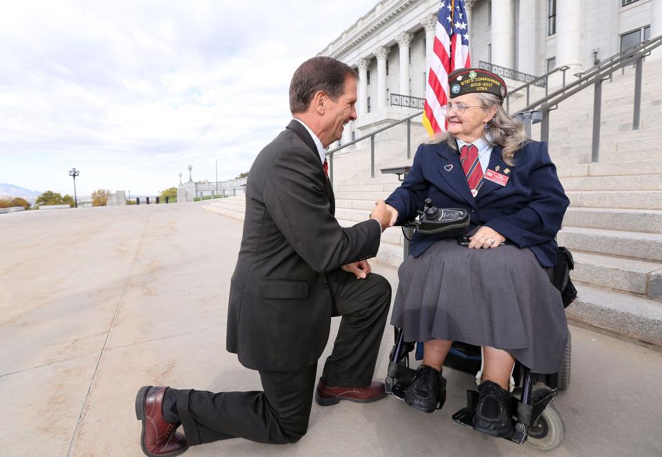 Rep. Chris Stewart, R-Utah, shakes hands with Wendy Griffin after the announcement of a new Utah Cold War Victory Medal at the state Capitol in Salt Lake City on Oct. 25, 2016. | Kristin Murphy, Deseret News