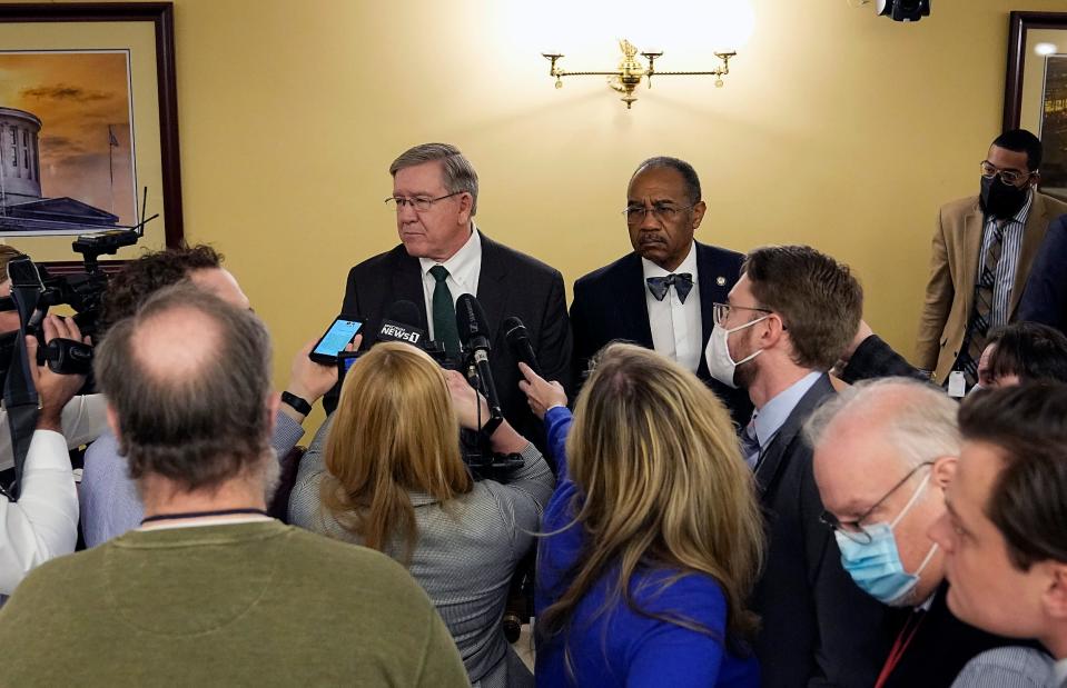 House Speaker Bob Cupp and Sen. Vernon Sykes speak to the media after an Ohio Redistricting Commission meeting at the Ohio Statehouse Tuesday.