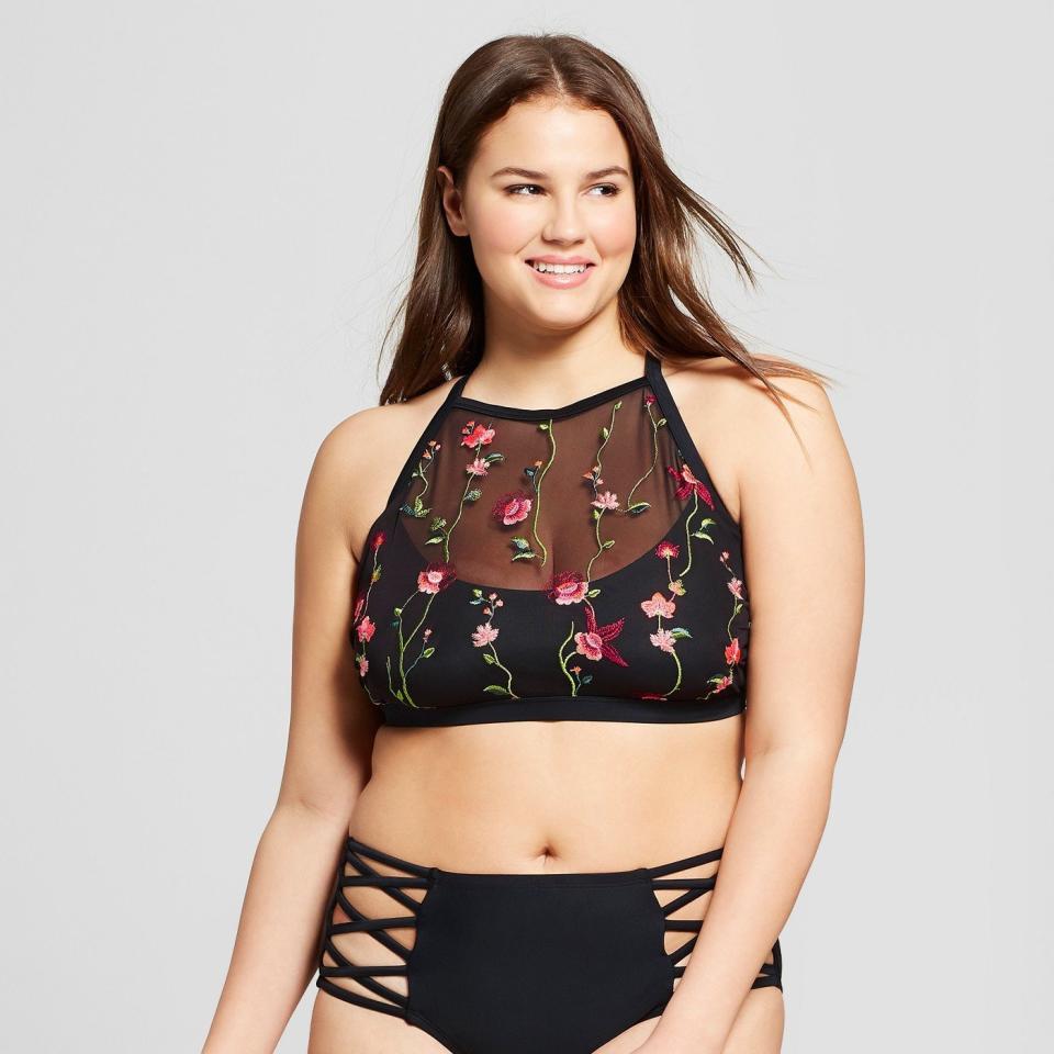 Get the top <a href="https://www.target.com/p/women-s-floral-print-plus-size-embroidered-mesh-high-neck-bikini-top-xhilaration-153/-/A-53150794#lnk=sametab" target="_blank">here</a>, $24.99.