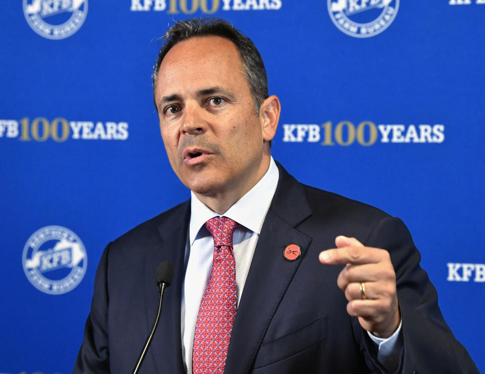 FILE - In this July 17, 2019 file photo, Kentucky Governor Matt Bevin speaks to the media following the Kentucky Farm Bureau candidates forum at the Kentucky Farm Bureau headquarters in Louisville, Ky. Bevin this week hurled a dismissive insult at the man he defeated in the May Republican primary. The unorthodox move runs the risk of alienating a large swath of voters Bevin needs to win back in his bid for a second term. While attending the Kentucky Farm Bureau’s country ham breakfast on Thursday, Aug. 22, 2019, Bevin was asked by a WHAS-TV reporter about his ex-rival, Republican state Rep. Robert Goforth. Bevin replied: “I’m sorry, it’s a name so easily forgotten.” Now, Goforth says his supporters may not forget the governor’s jab come November. (AP Photo/Timothy D. Easley, File)