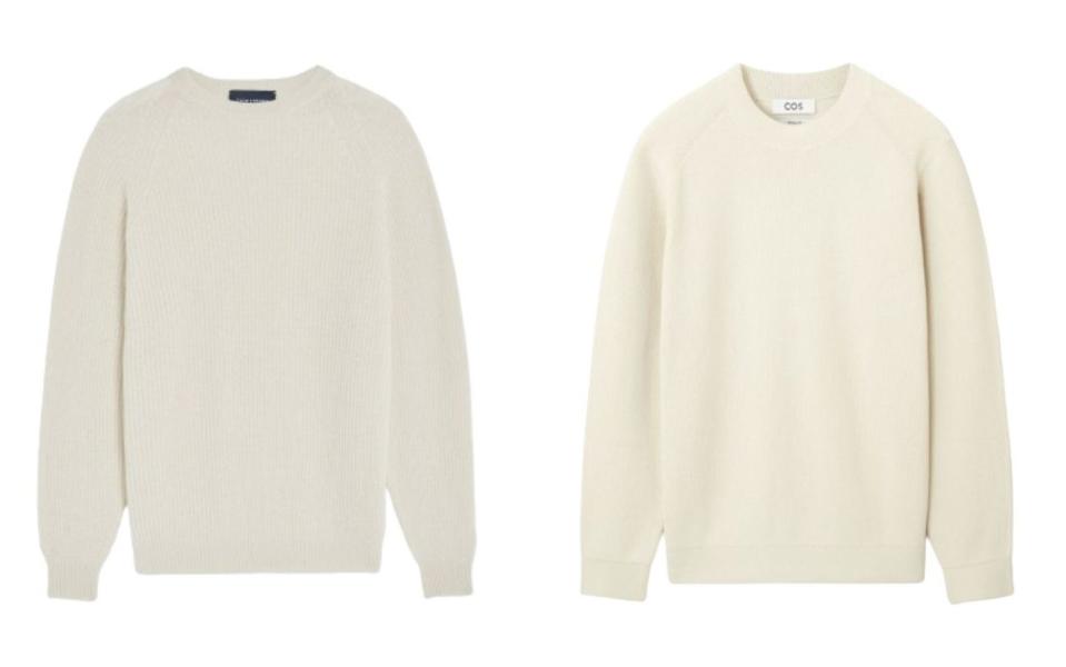 Cashmere ribbed sweater (£555, thomsweeney.com); Ribbed knit (£75, cos.com)