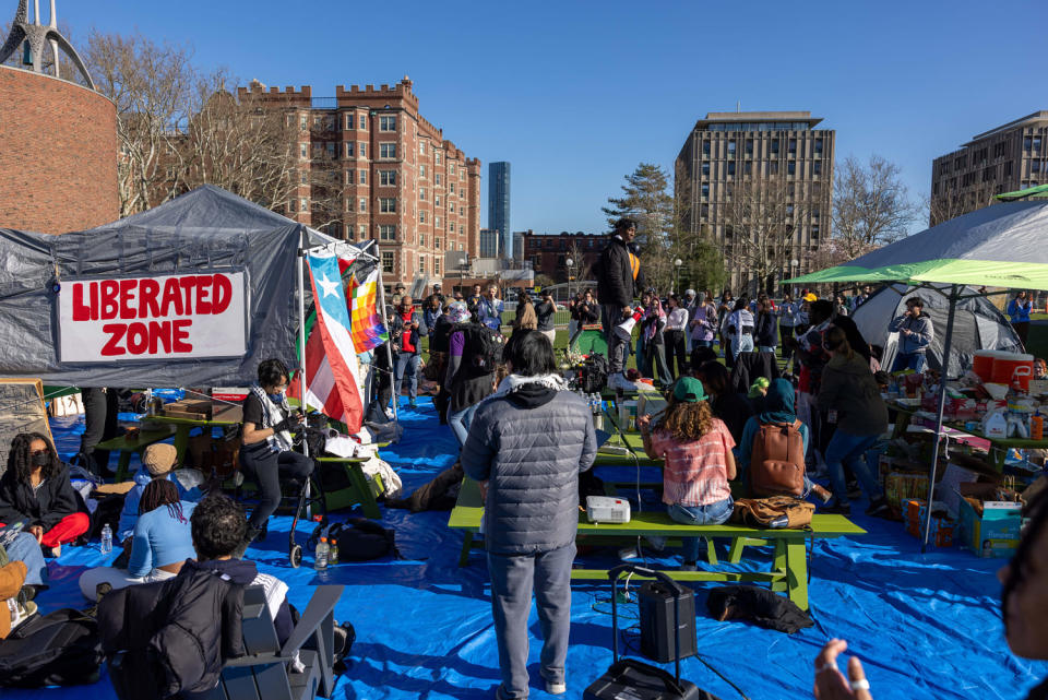 Students from MIT, Harvard University and others rally at a protest encampment on the MIT campus in Cambridge, Mass. (Scott Eisen / Getty Images)