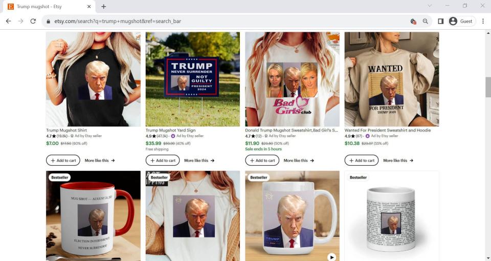 The crafting website Etsy is full of vendors using Donald Trump's mugshot on products as diverse as coffee mugs, T-shirts and lawn signs.