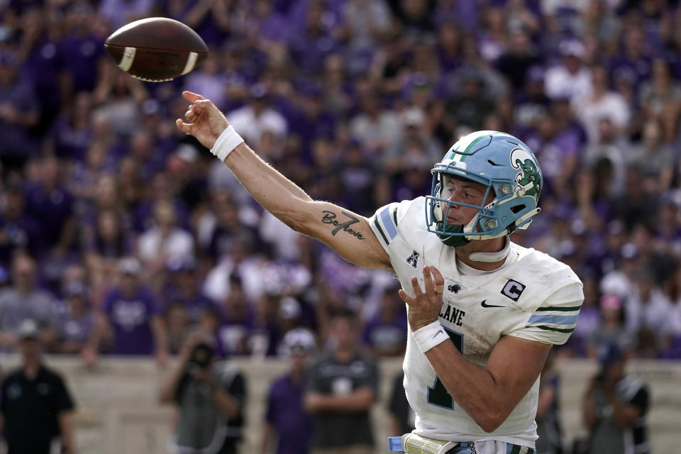 Tulane quarterback Michael Pratt throws during the second half of an NCAA college football game against Kansas State Saturday, Sept. 17, 2022, in Manhattan, Kan. Tulane won 17-10. (AP Photo/Charlie Riedel)