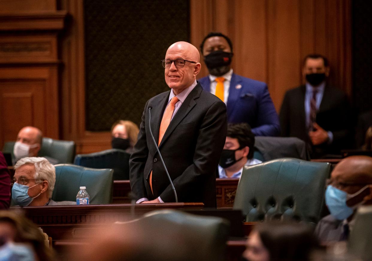 Illinois House Majority Leader Rep. Greg Harris, D-Chicago, lets out a smile as the budget implementation plan passes around midnight on the floor of the Illinois House of Representatives on the last day of session at the Illinois State Capitol in Springfield, Ill., Monday, May 31, 2021. [Justin L. Fowler/The State Journal-Register] 