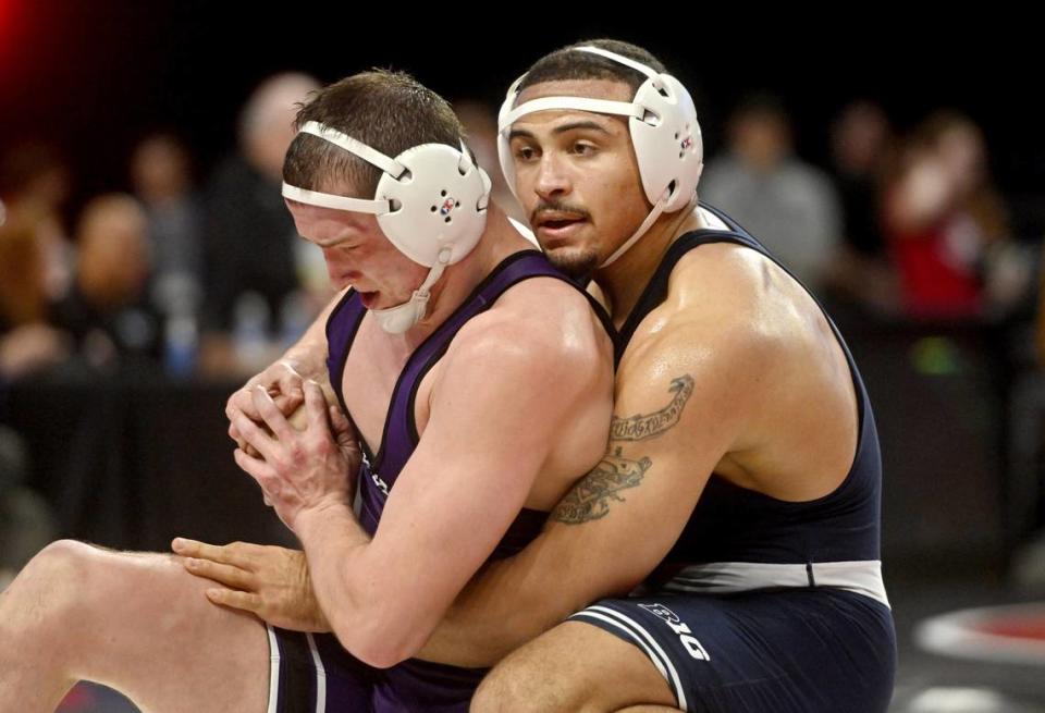 Penn State’s Aaron Brooks controls Northwestern’s Evan Bates in a 197 lb quarterfinal match of the Big Ten Wresting Championships at the Xfinity Center at the University of Maryland on Saturday, March 9, 2024. Abby Drey/adrey@centredaily.com