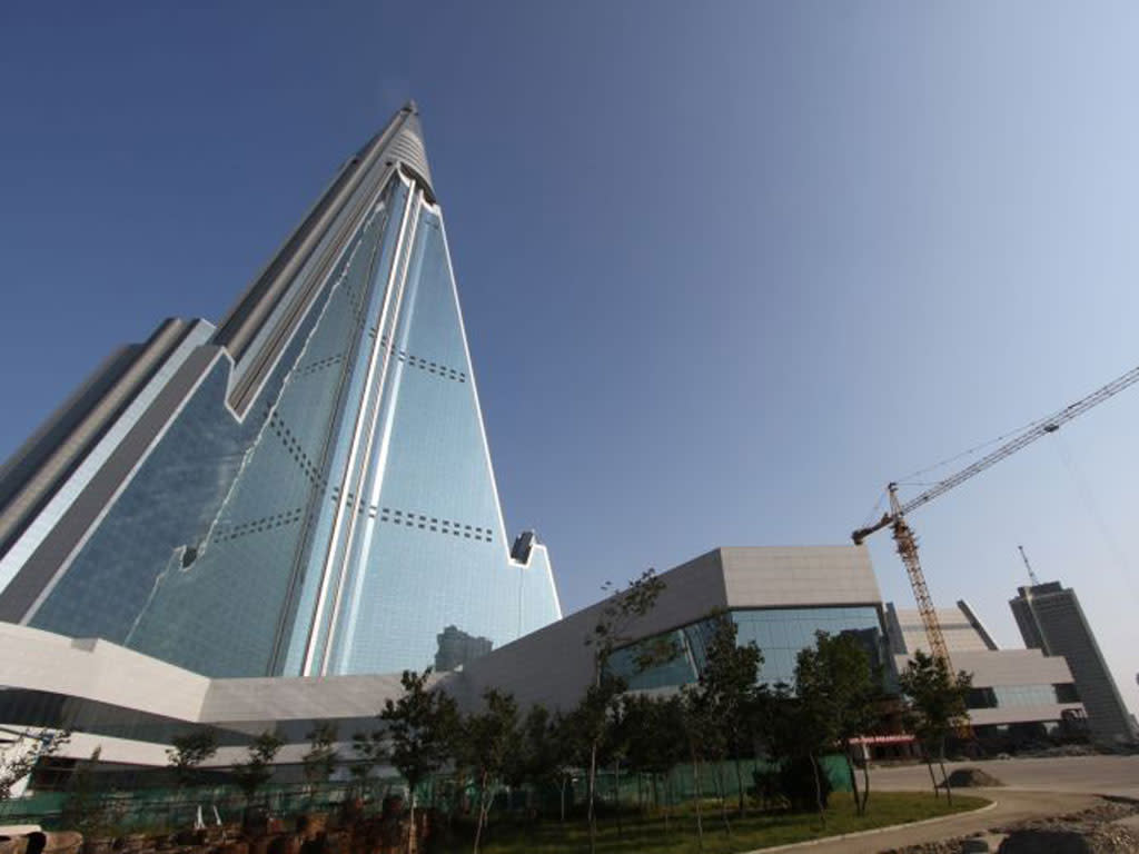 The pyramid-shaped 105-story Ryugyong Hotel stands in Pyongyang, North Korea: AP