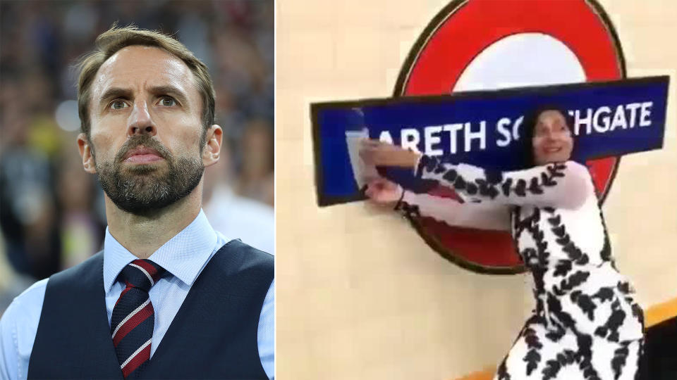 Sign of the times: A woman was seen ripping down Gareth Southgate’s tribute on Tuesday night