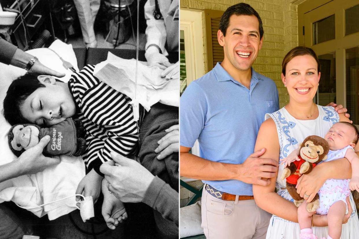 <p>Courtesy of Harry Connolly</p> Eli Kahn at the hospital (left); Eli Kahn with wife Jayme and daughter Nora (right)