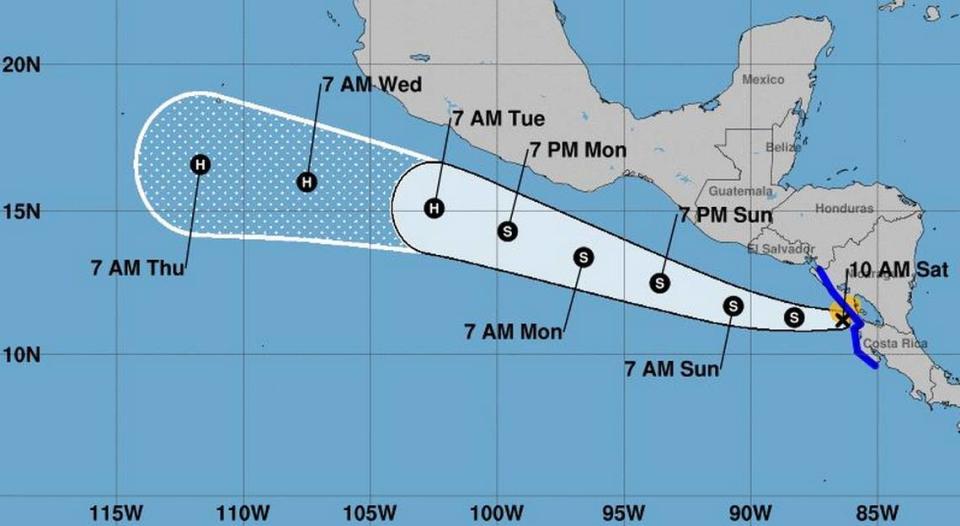 El cono de pronóstico de las 11 a. m. del 2 de julio para la tormenta tropical Bonnie.