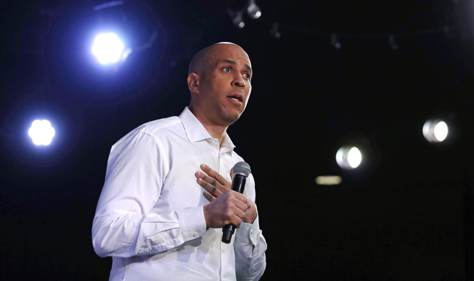 U.S. Sen. Cory Booker, D-N.J., addresses a gathering during a campaign stop in Portsmouth, N.H., Saturday, Feb. 16, 2019. (AP Photo/Charles Krupa)