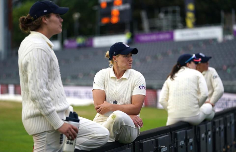 England’s Katherine Brunt (centre) and her teammates could not find the wickets needed to force victory