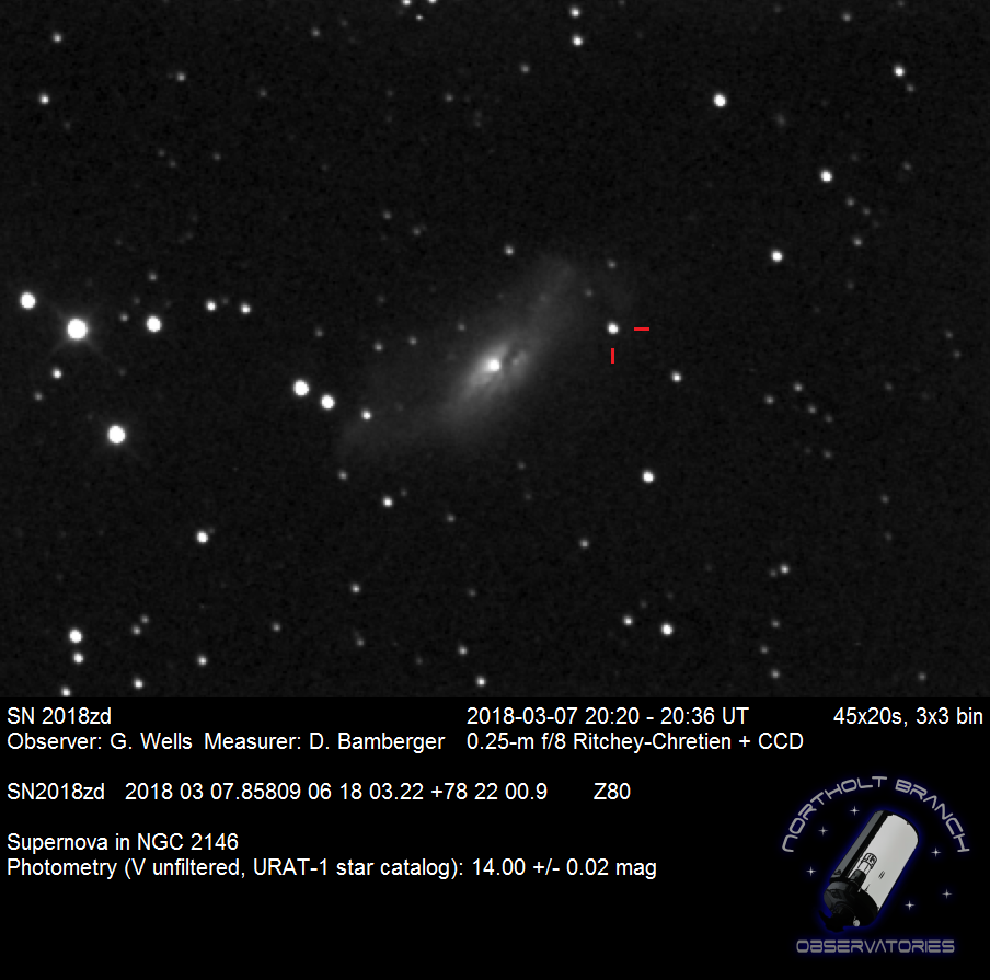 A photograph of the galaxy NGC 2146 and what is possibly an "electron-capture" supernova.