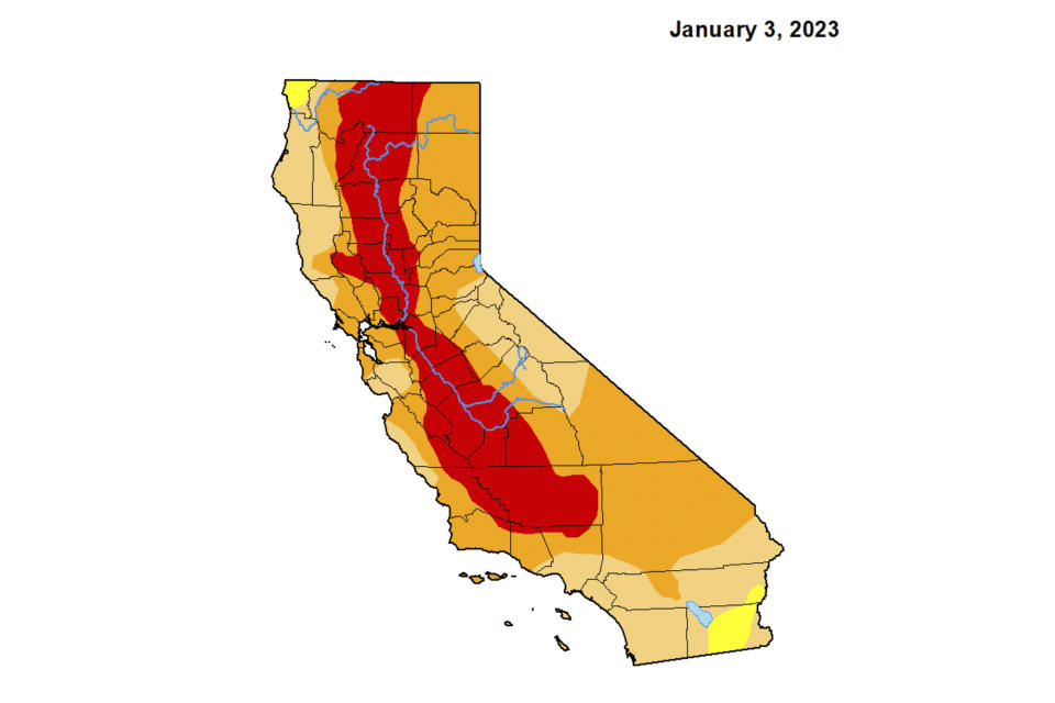 This map released courtesy of National Drought Mitigation Center shows California on Jan. 3, 2023. Atmospheric rivers pounding California since late last year have coated mountains with a full winter's worth of snow and begun raising reservoir levels but experts say it will take much more to precipitation to reverse the effects of years of drought. (National Drought Mitigation Center via AP)