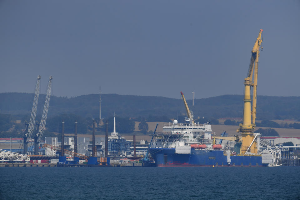 10 August 2020, Mecklenburg-Western Pomerania, Sassnitz-Mukran: The Russian laying ship "Akademik Tscherski" is moored in the port of Mukran on the island of Rügen. The special ship is being prepared in the port for its deployment for the further construction of the Nord Stream 2 Baltic Sea pipeline. Photo: Stefan Sauer/dpa-Zentralbild/dpa (Photo by Stefan Sauer/picture alliance via Getty Images)