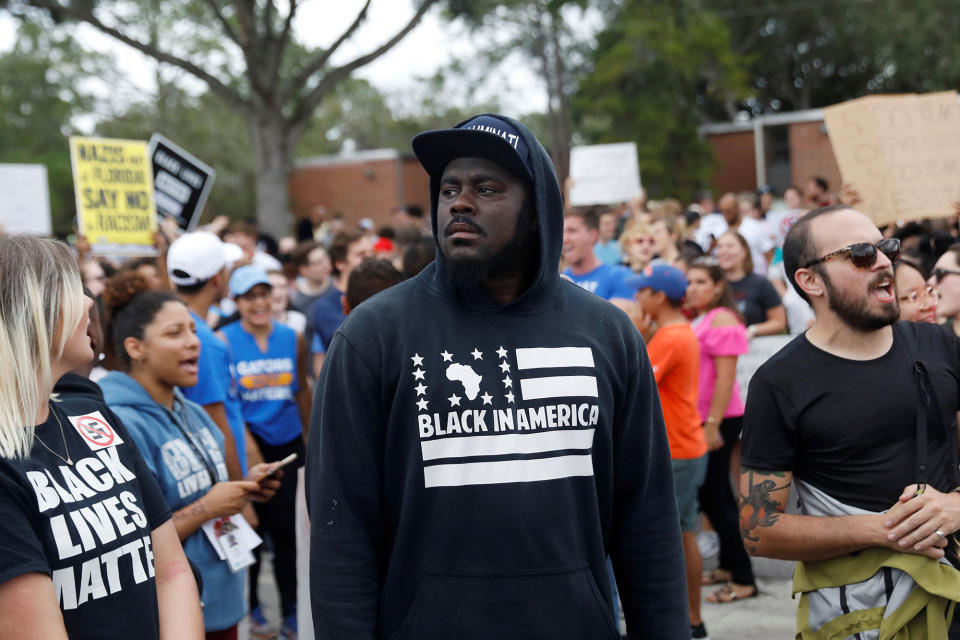 <p>Demonstrators rally before the speech by Richard Spencer, an avowed white nationalist and spokesperson for the so-called alt-right movement, on the campus of the University of Florida in Gainesville, Fla., Oct.19, 2017. (Photo: Shannon Stapleton/Reuters) </p>