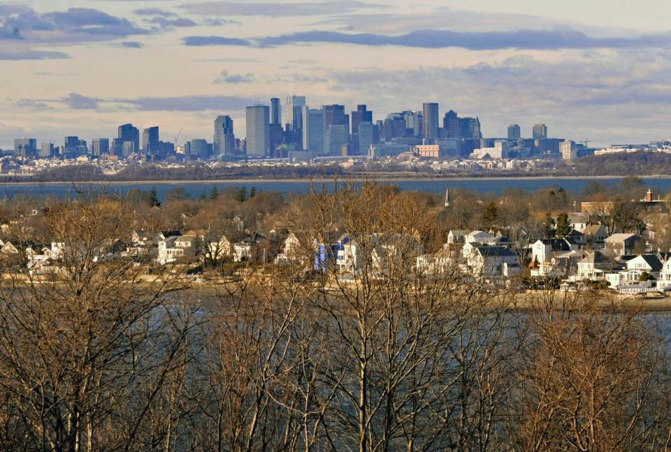 The Boston skyline looms over Quincy Bay and Quincy's Houghs Neck in foreground in this view from Great Hill in North Weymouth, Wednesday, Jan. 18, 2023. Tom Gorman/For The Patriot Ledger

Qcy Wildartskyline Tg
