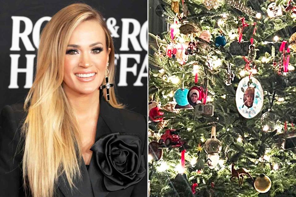 <p>Jeff Kravitz/FilmMagic; Carrie Underwood/Instagram</p> Carrie Underwood shared a photo of her Christmas tree adorned with ornaments featuring her sons