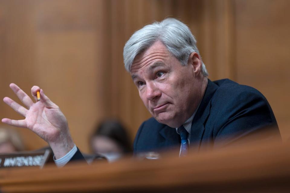 Sen. Sheldon Whitehouse, D-R.I., questions Martha Williams, director of the U.S. Fish and Wildlife Service, as she testifies before the Senate Environment and Public Works Committee on President's proposed budget request for fiscal year 2024 for her agency, at the Capitol in Washington, Tuesday, May 16, 2023.