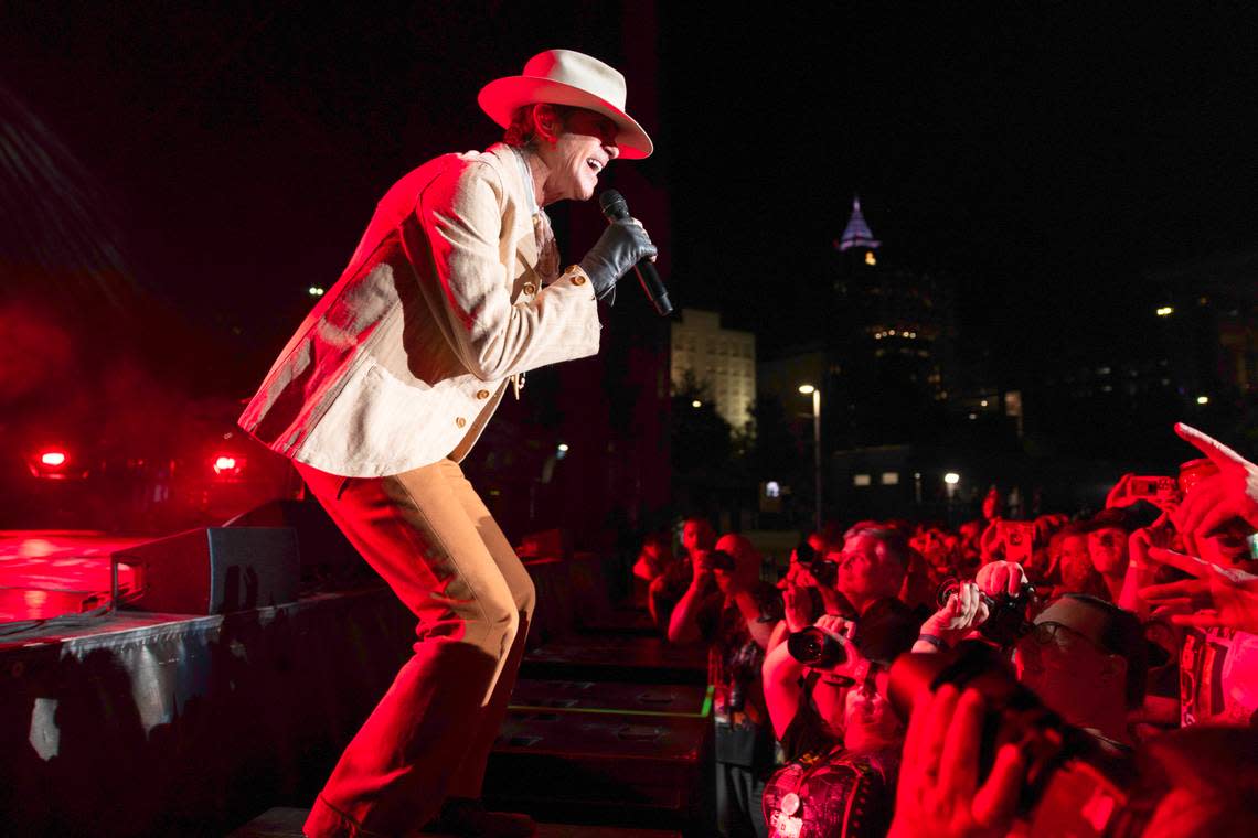 Perry Farrell connects with the crowd at the barricade as Jane’s Addiction performs at Raleigh, N.C.’s Red Hat Amphitheater, Tuesday night, Sept. 3, 2024.