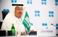 Saudi Arabia's Minister of Energy Prince Abdulaziz bin Salman Al-Saud speaks via video link during a virtual emergency meeting of OPEC and non-OPEC countries, following the outbreak of the coronavirus disease (COVID-19), in Riyadh