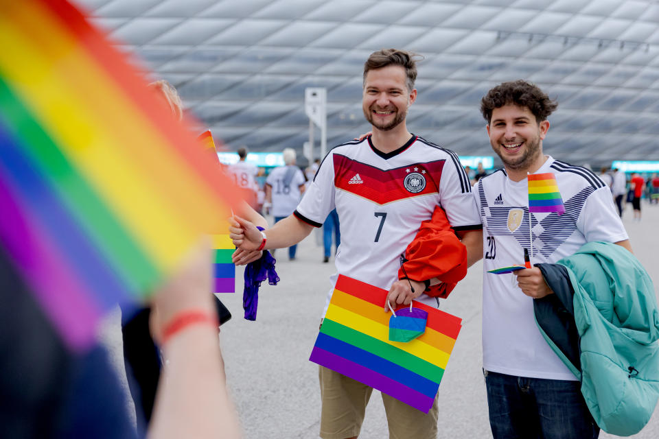 MUNICH, GERMANY - JUNE 23: supporters of Germany with rainbow flags during the    match between Germany v Hungary at the Allianz Arena on June 23, 2021 in Munich Germany (Photo by Laurens Lindhout/Soccrates/Getty Images)