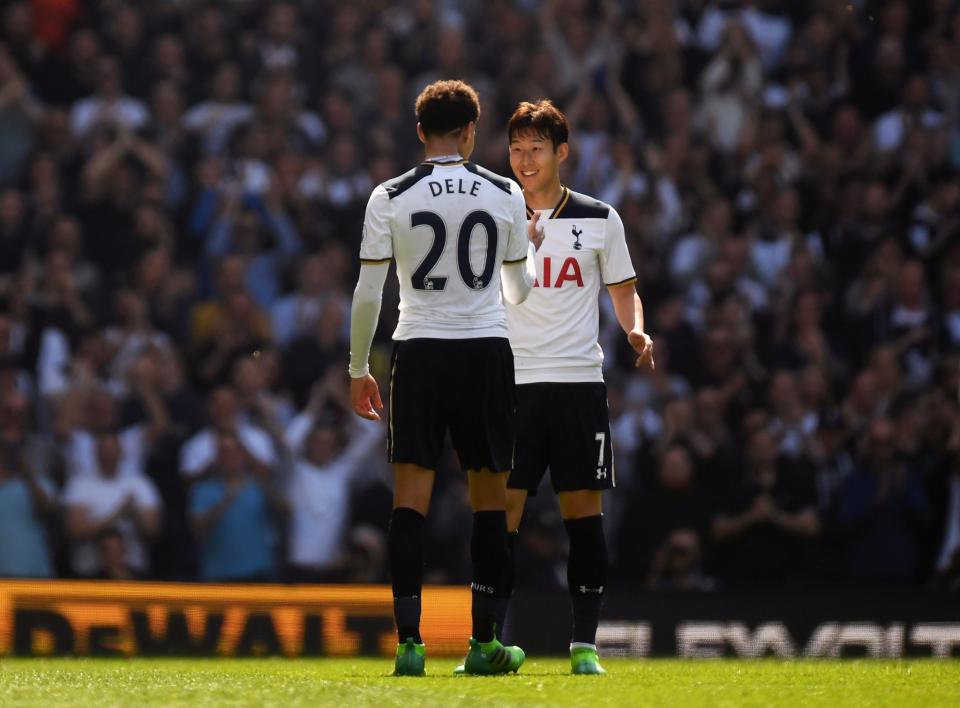 <p>Heung-Min Son celebrates his first goal with Dele Alli</p>