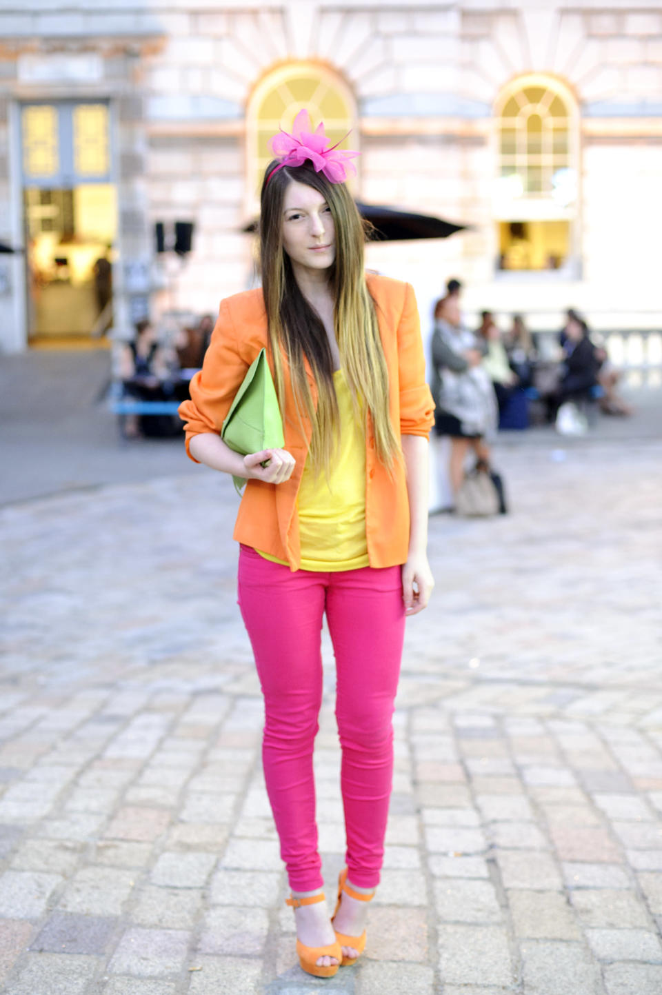 LONDON, ENGLAND - SEPTEMBER 15: Blogger Marta poses wearing a vintage blazer, primary top and jeans, a vintage bag from ebay and unknown shoes t the Issa London catwalk show during London Fashion Week Spring Summer 2013 on September 15, 2012 in London, England. (Photo by Ben Pruchnie/FilmMagic)