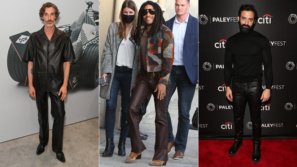 Recently, stylish guys from model Richard Biedul (far left), rockstar Lenny Kravitz and actor Morgan Spector have all seamlessly incorporated leather pants into their wardrobes.