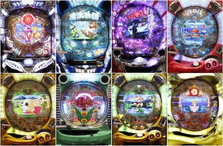 A combination photo shows pachinko machines at Dynam's pachinko parlour in Fuefuki, west of Tokyo June 19, 2014. REUTERS/Issei Kato