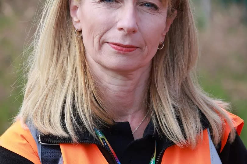 Joyce Guthrie, GMB regional organiser, leads members in a strike outside of Formica in North Shields.