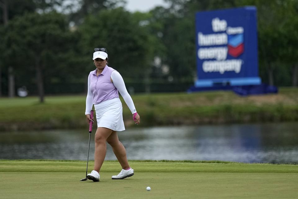 Lilia Vu misses a birdie putt on the ninth hole during the first round of The Chevron Championship golf tournament Thursday, April 20, 2023, in The Woodlands, Texas. (AP Photo/David J. Phillip)