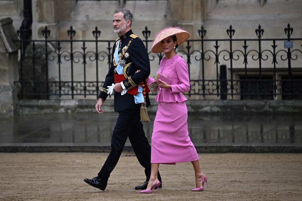 Spain's King Felipe VI and Spain's Queen Letizia arrive at Westminster Abbey in central London on May 6, 2023, ahead of the coronations of Britain's King Charles III and Britain's Camilla, Queen Consort. - The set-piece coronation is the first in Britain in 70 years, and only the second in history to be televised. Charles will be the 40th reigning monarch to be crowned at the central London church since King William I in 1066. Outside the UK, he is also king of 14 other Commonwealth countries, including Australia, Canada and New Zealand. Camilla, his second wife, will be crowned queen alongside him and be known as Queen Camilla after the ceremony. (Photo by Paul ELLIS / AFP) (Photo by PAUL ELLIS/AFP via Getty Images)