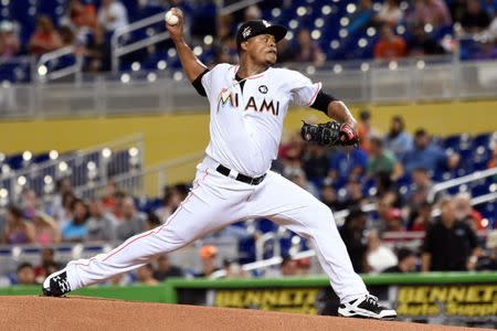 FILE PHOTO: Jun 20, 2017; Miami, FL, USA; Miami Marlins starting pitcher Edinson Volquez (36) delivers a pitch in the first inning against the Washington Nationals at Marlins Park. Mandatory Credit: Steve Mitchell-USA TODAY Sports - 10122541